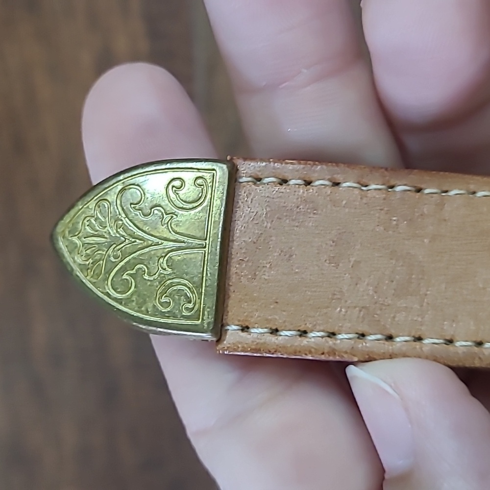 Western Leather Embroidered Belt with Brass Accents Tan, Purple, Yellow, White - Picture 3 of 12